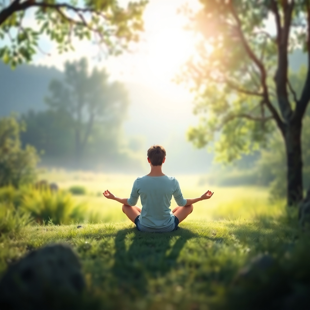A photorealistic image depicting a person meditating in a peaceful setting, surrounded by nature. The image should evoke a sense of calm and tranquility. Soft lighting and natural colors should be used.