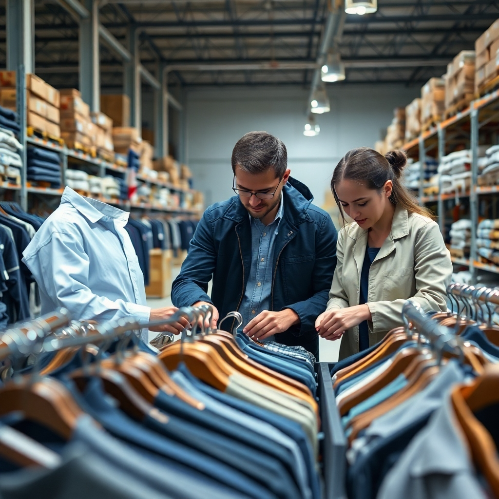 A photorealistic image depicting a team of experts carefully inspecting and organizing a collection of sustainable clothing items in a warehouse.  The focus should be on the details of the clothing, along with the team's meticulousness.  The image should convey quality and attention to detail.  The lighting should be bright and even, emphasizing the textures and colors of the clothing. The image must be high resolution and portray the quality control processes.