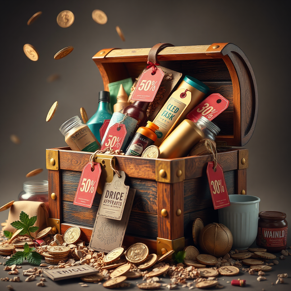 A photorealistic image depicting a treasure chest overflowing with products and discount tags. Emphasis on savings and abundance.
