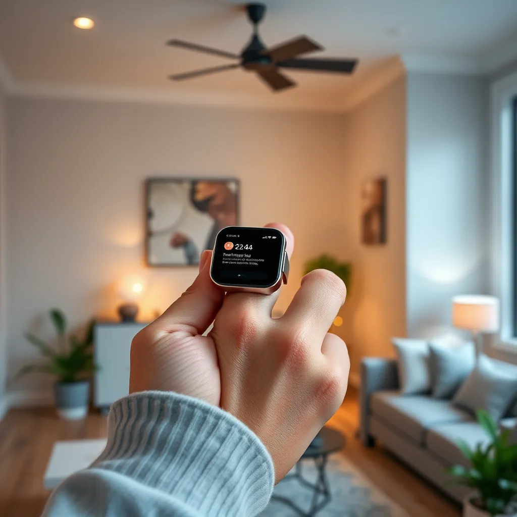 A photorealistic image depicting a person holding a SAITS4U smart ring in their hand, the ring's screen displaying a notification from their smartphone. In the background, a smart home scene is visible, showcasing interconnected devices like smart lights and a voice assistant. The image should convey a sense of seamless integration and enhanced convenience.