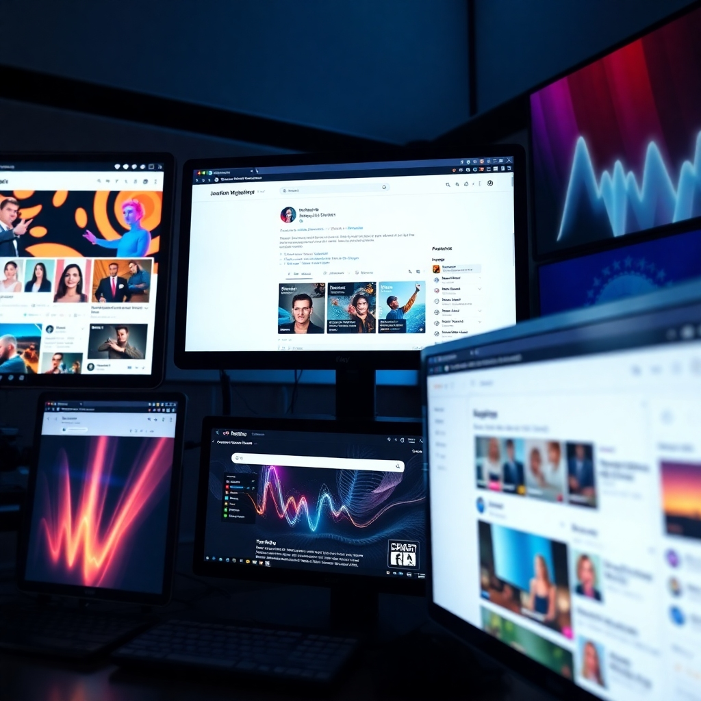 A photorealistic image depicting multiple screens showcasing different marketing channels such as social media posts, search engine results pages with high rankings, and online advertising campaigns.  The screens should show positive engagement metrics like likes, shares, and clicks. The overall aesthetic should be modern and vibrant.
