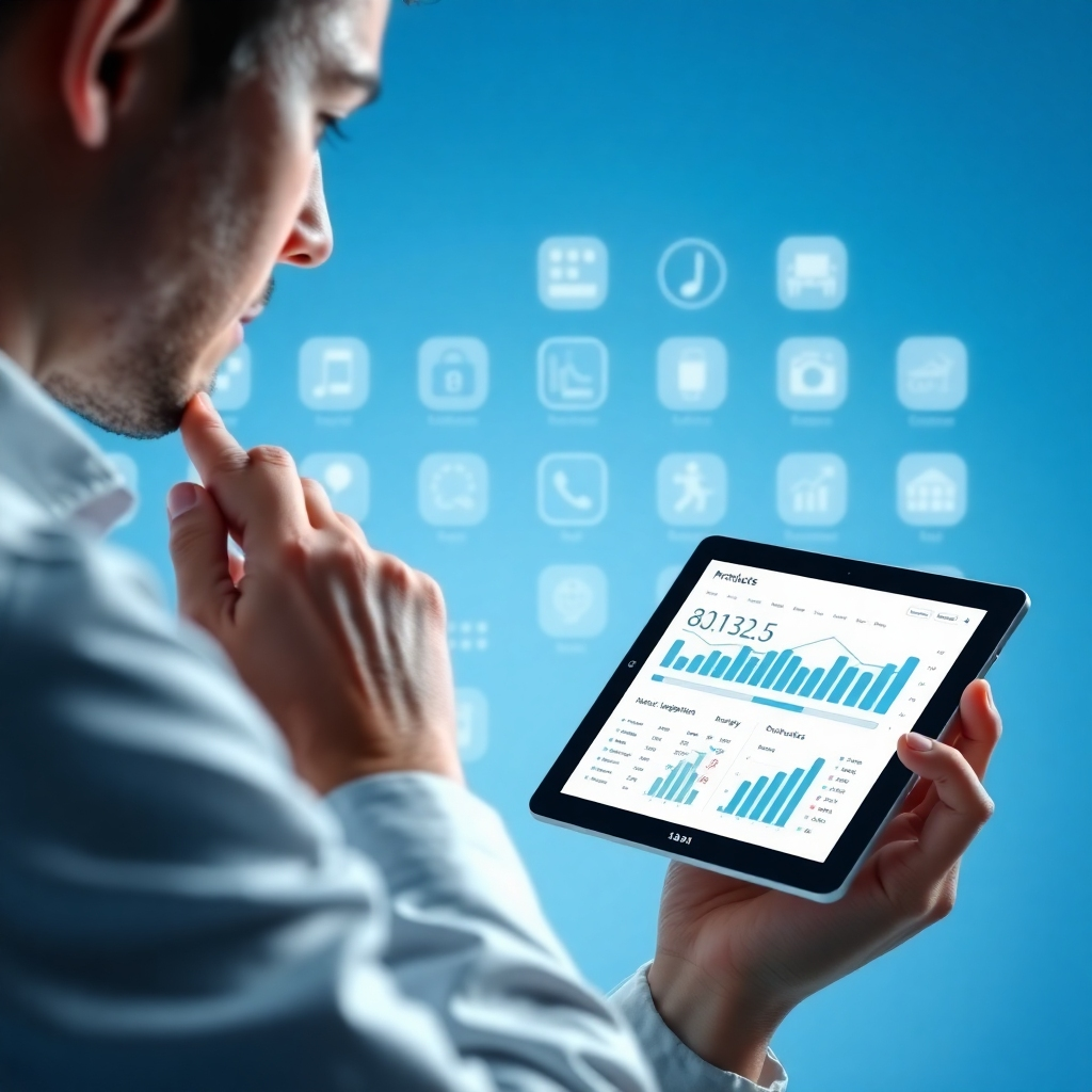 A photorealistic image depicting a person thoughtfully analyzing product data on a tablet. The background shows various product categories represented by stylized icons. The color scheme is predominantly blue and white, with a subtle gradient effect. Soft, diffused lighting emphasizes the details of the tablet screen and the person's focused expression. Focus should be on the data visualization aspects, with charts and graphs illustrating sales trends and market demand. The style should be clean and professional, reflecting data-driven decision-making. Technical specs: 8K resolution, hyperrealistic rendering.