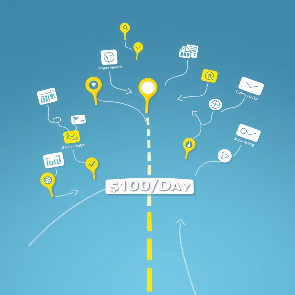 A photorealistic image depicting a roadmap filled with affiliate marketing strategies leading to a destination labeled '$100/Day'. The roadmap should include elements like keyword research icons, content creation symbols, and social media sharing buttons. Use a slightly overhead angle to showcase the full map, emphasizing the clear path to success. The color palette should be vibrant and encouraging, with bright blues and greens representing clarity and growth.