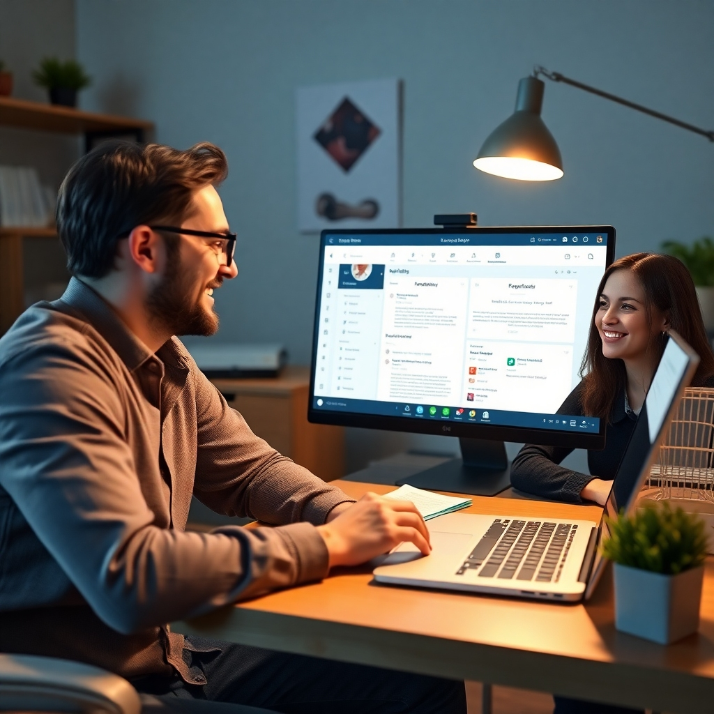 A photorealistic image depicting a freelance writer having a video conference call with a satisfied client. The background should suggest a professional yet comfortable workspace. The image should show positive body language, a friendly and professional interaction, and a collaborative atmosphere. The laptop screen should subtly show relevant project details, highlighting successful collaboration. Include elements such as shared documents, progress trackers, and positive feedback. The overall mood should highlight positive client relationships and successful project completion.