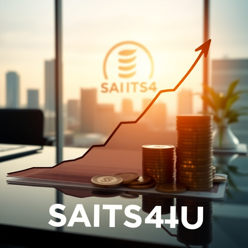 A photorealistic image depicting a graph showing upward trending tax returns, overlaid with a stylized image of money or coins. The background should subtly include the SAITS4U logo and feature elements suggesting financial success, such as a cityscape or a luxurious office setting.