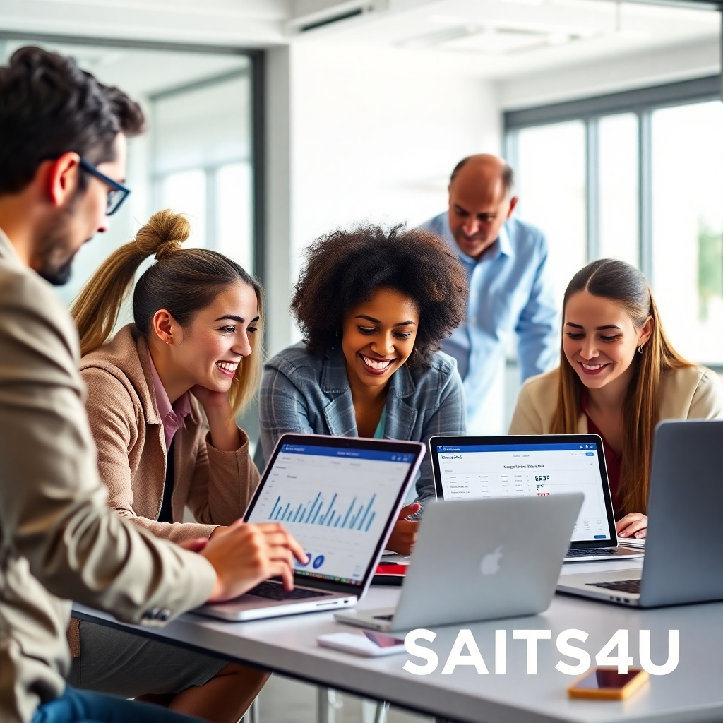 A photorealistic image depicting a diverse group of professionals collaborating on a project, with laptops displaying eCommerce data and affiliate marketing dashboards. The setting should be a modern, collaborative workspace, conveying teamwork and strategic planning. The color palette should be bright and energetic, with the SAITS4U logo subtly integrated into the background.