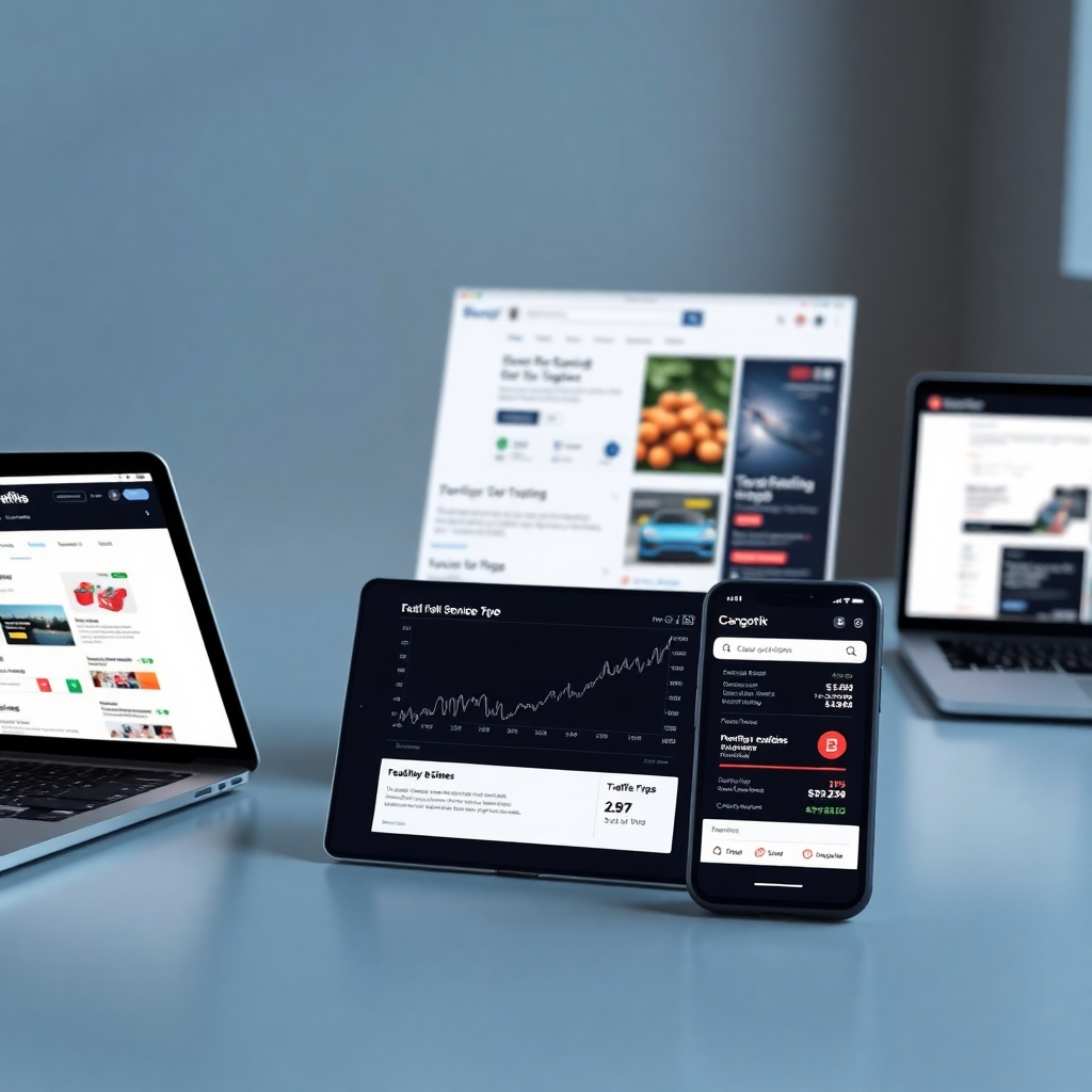 A photorealistic image depicting multiple devices (laptop, tablet, smartphone) displaying various traffic sources, such as social media ads, search engine results pages, and email campaigns, all driving traffic to a single landing page. The image should showcase a data visualization with positive conversion metrics.