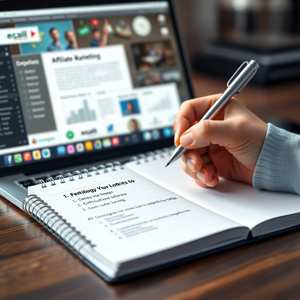 A photorealistic image depicting a hand writing notes on a notebook with a clear step-by-step process for affiliate marketing. The background should subtly show a laptop screen with related visuals and elements that symbolize progress and success.  The overall feel should be one of organization and careful planning.