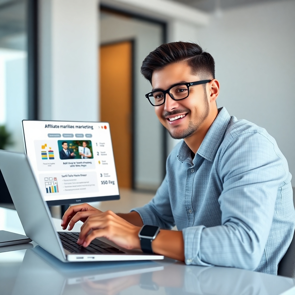 A photorealistic image depicting a person sitting at a laptop, following a clear, step-by-step online course tutorial on affiliate marketing.  The screen shows a clean, user-friendly interface with numbered steps, progress bars, and visually appealing graphics. The person has a focused and positive expression. The background should be a minimalist, modern office setting.