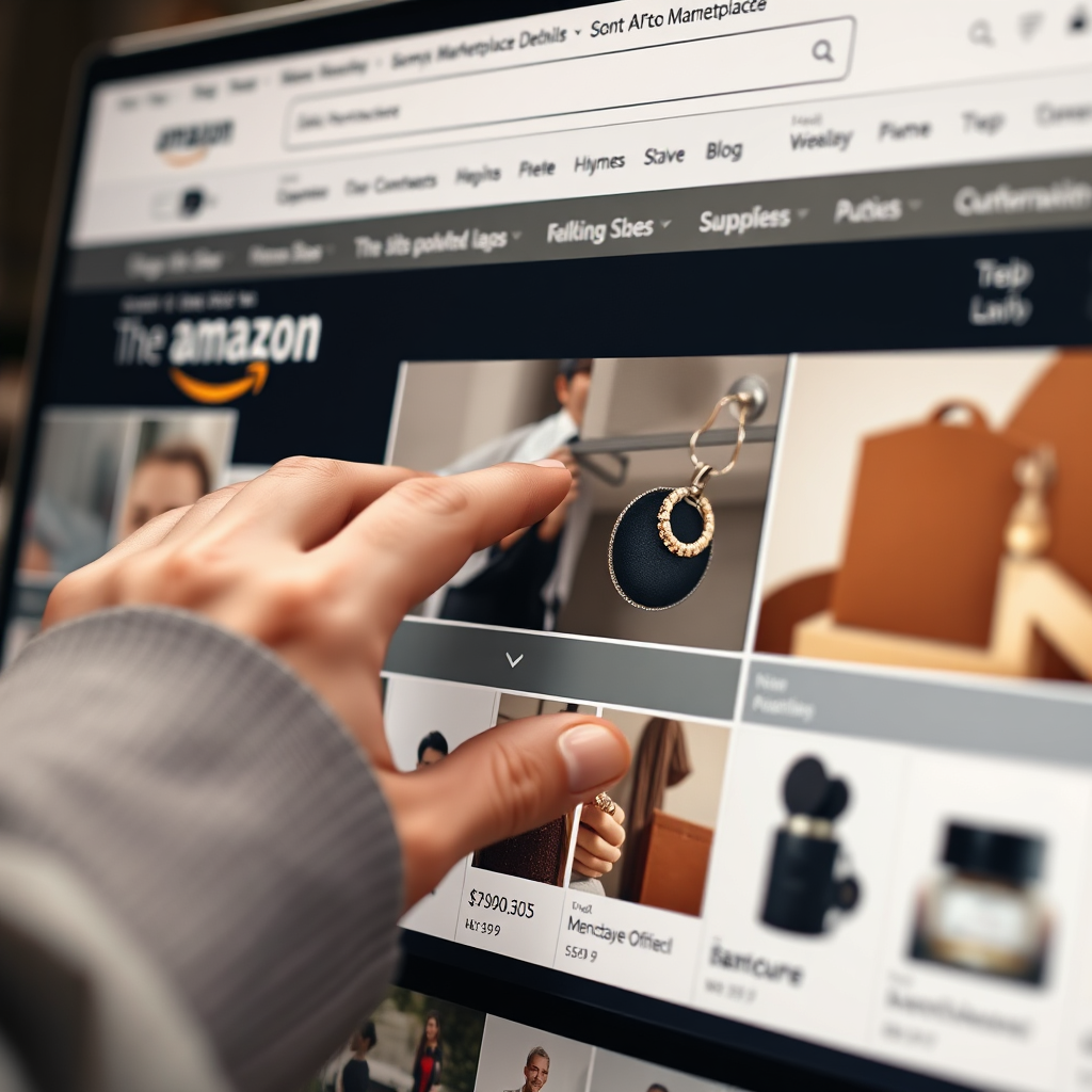 A photorealistic image depicting hands carefully selecting items from a beautifully organized display of products on an Amazon marketplace page. Soft, diffused lighting enhances the details of each item. The color palette is muted and sophisticated, emphasizing the quality of the selection. The camera angle is a close-up, focusing on the hands and the products. Style reference: Emphasize attention to detail and a curated feel.