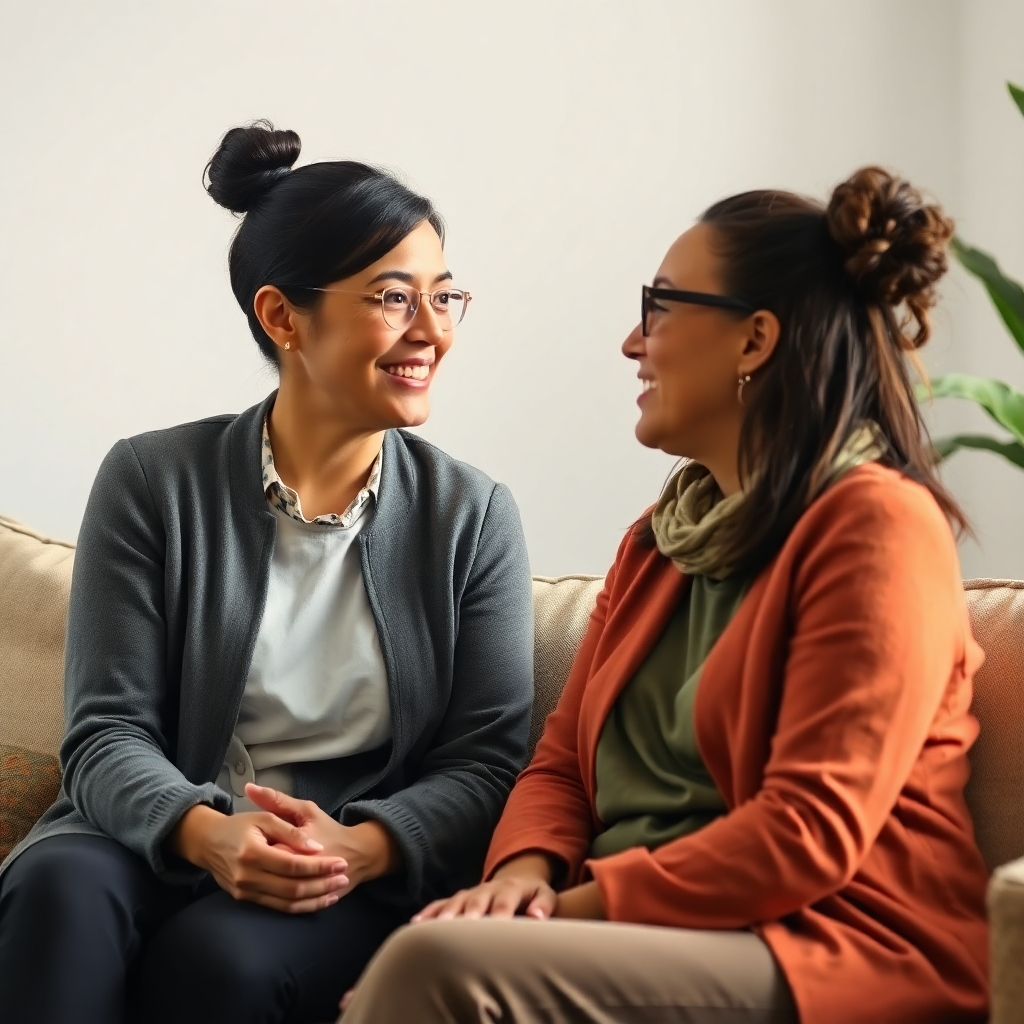 A photorealistic image depicting a coach and client engaged in a supportive and encouraging conversation. Use soft lighting and a warm color palette to create a sense of trust and connection.