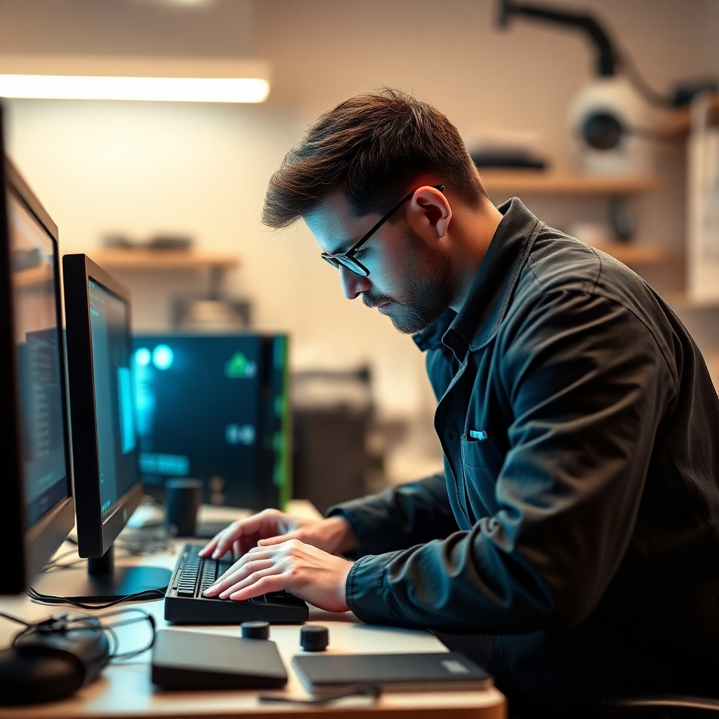 A photorealistic image depicting a technician efficiently working on a computer, with a focus on the speed and precision of the repair. The background should be a clean, well-organized workspace, emphasizing professionalism and trust. Use warm, inviting lighting. The color palette should be neutral, with accents of blue and green, suggesting competence and care.