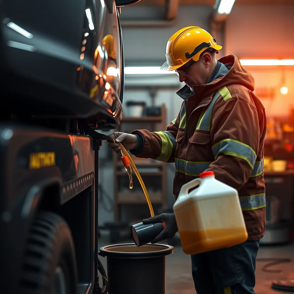 A photorealistic image depicting a person safely draining fluids from a vehicle in a garage, using proper containers and safety gear. The background should show a well-lit garage with a work bench and tools.