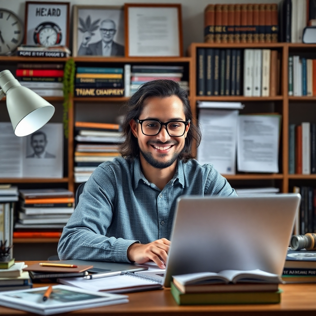 A photorealistic image depicting a freelance writer happily working on their laptop at a home office, surrounded by relevant books and materials representing their chosen niche (e.g., marketing, technology, or finance).  The background should subtly hint at the niche and showcase a sense of organization and productivity. The overall feeling should be one of focused success and targeted efforts.