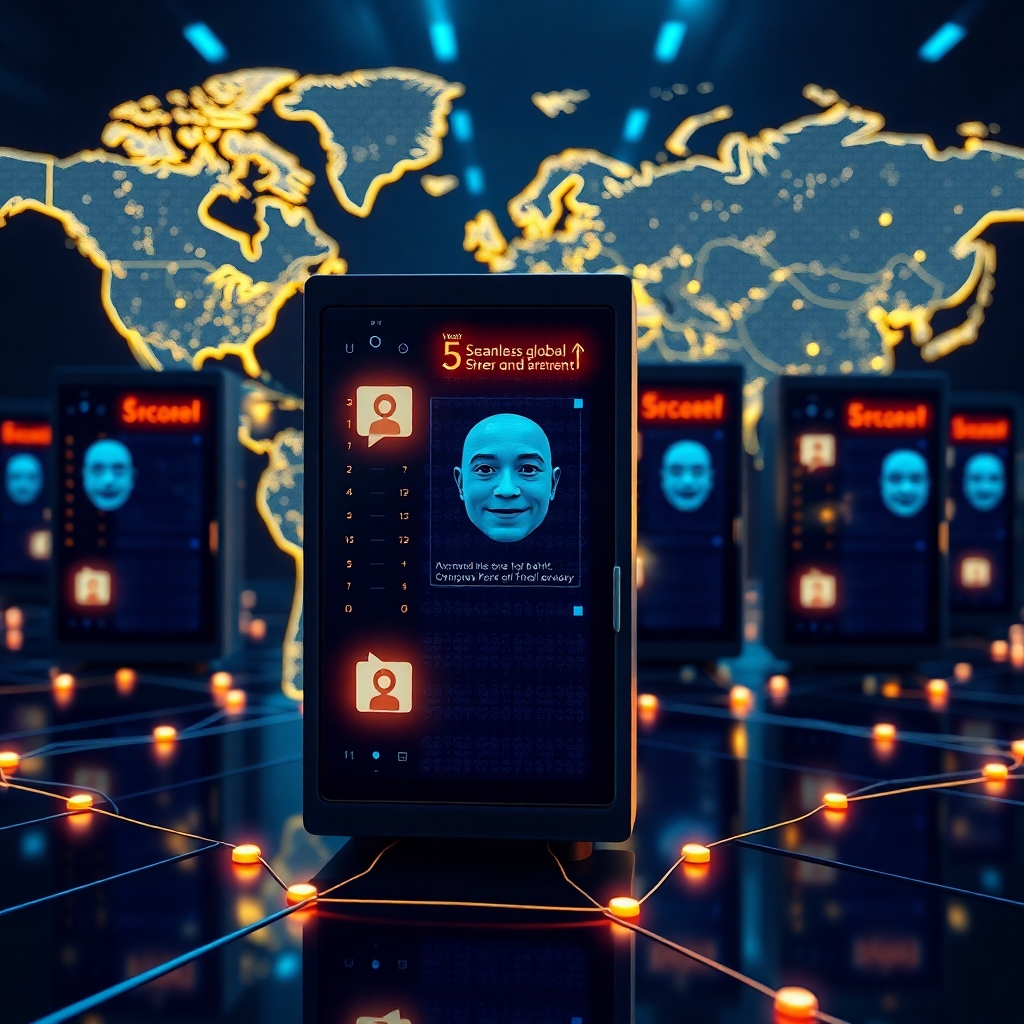 A photorealistic image depicting a global network of interconnected servers with a digital human's face subtly overlaid on each server.  The background should show a world map with highlighted locations indicating active chats. The overall style should communicate seamless global coverage, high availability, and efficient scalability. The image should feature a clean, modern, and technological aesthetic.