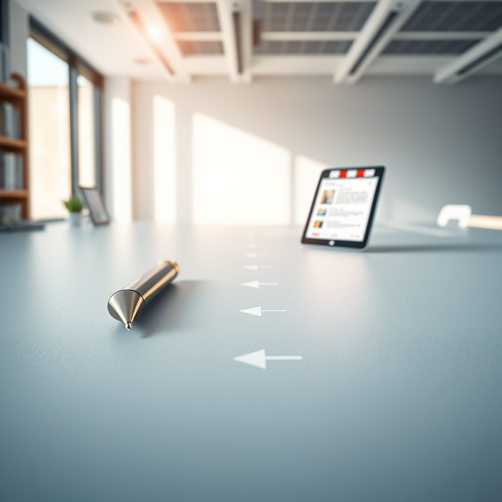 A photorealistic image depicting a roadmap leading from a single pen to a finished e-book displayed on a digital marketplace. The roadmap is detailed with various milestones representing key stages: writing, editing, formatting, and marketing. The lighting is bright and optimistic, symbolizing progress and success. The environment is a clean, modern workspace. Use a slightly low-angle shot to emphasize the journey's scope and ambition.