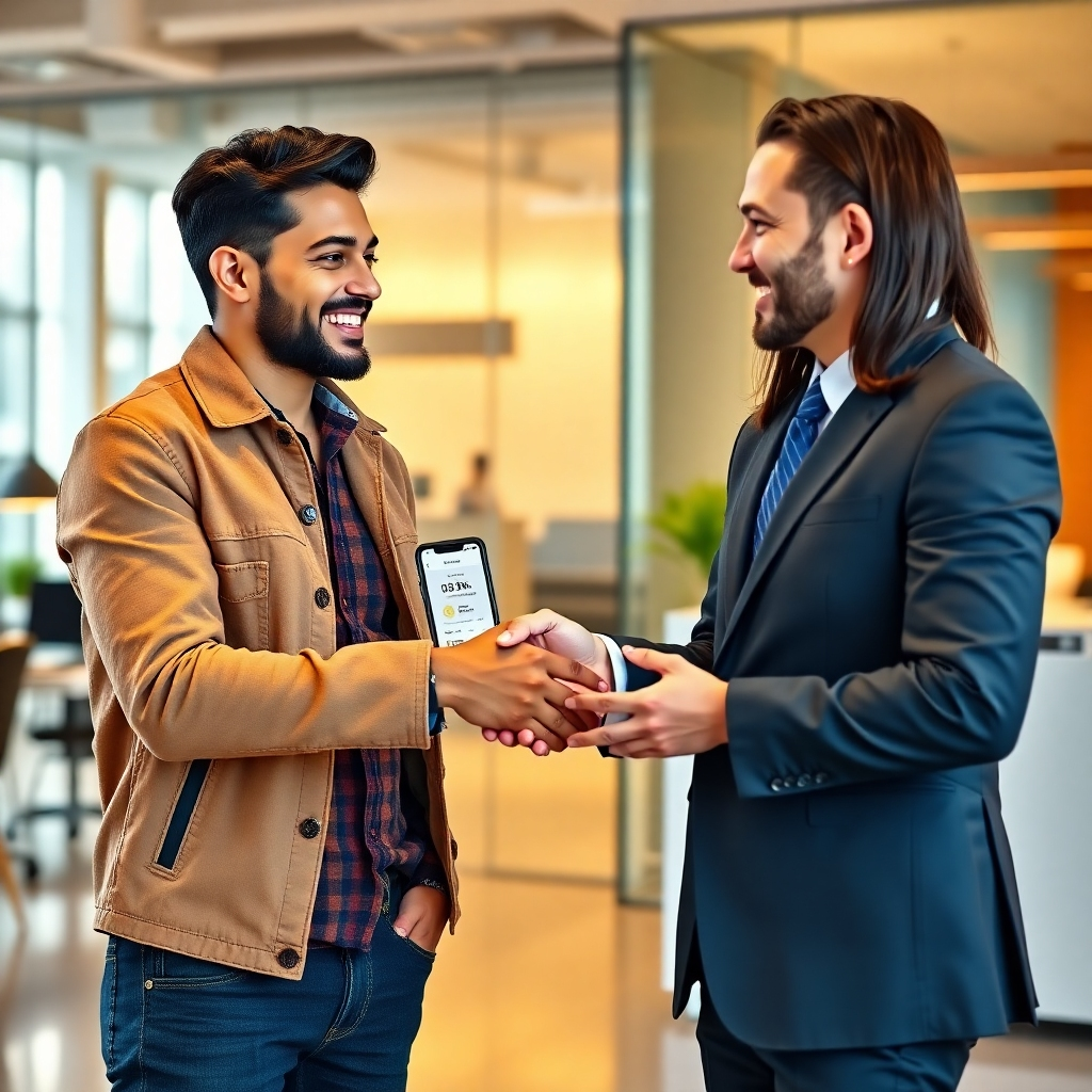 A photorealistic image depicting a handshake between an influencer (dressed casually but stylishly) and a brand representative (in a business suit) against a backdrop of a modern office space. The influencer is holding a phone displaying positive engagement metrics. Focus is on the handshake and the genuine smiles. Warm, inviting lighting.