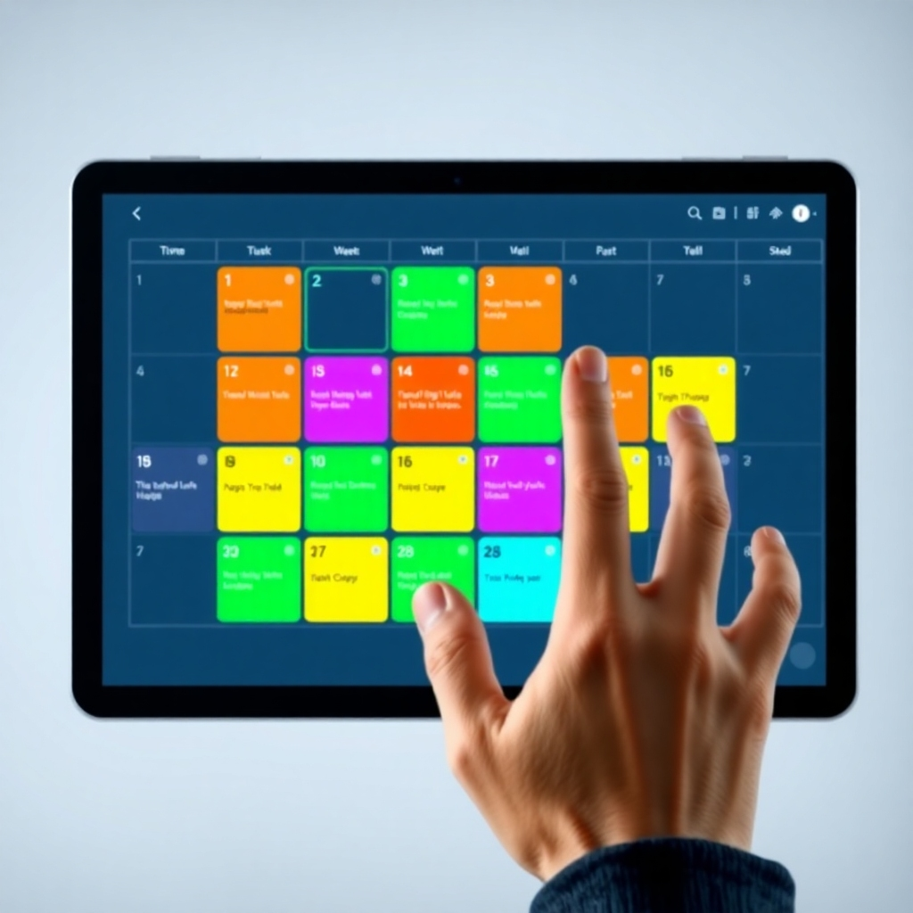 A photorealistic image depicting a digital calendar with color-coded blocks representing different tasks and appointments. The blocks should be neatly arranged and visually appealing. A hand is hovering over the screen.