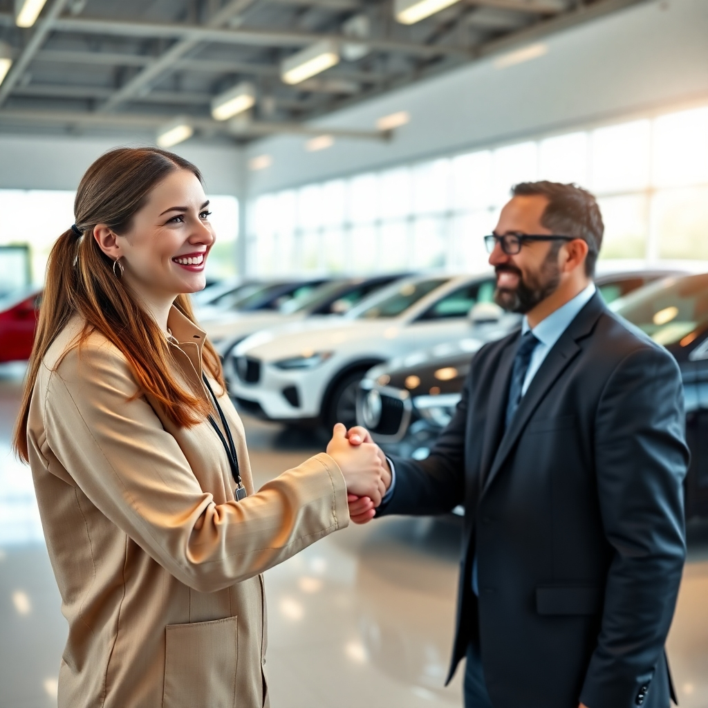 A photorealistic image depicting a friendly salesperson smiling warmly and shaking hands with a happy customer in a modern, clean car dealership showroom. The background should subtly show a variety of vehicles, creating a feeling of trust and reliability.