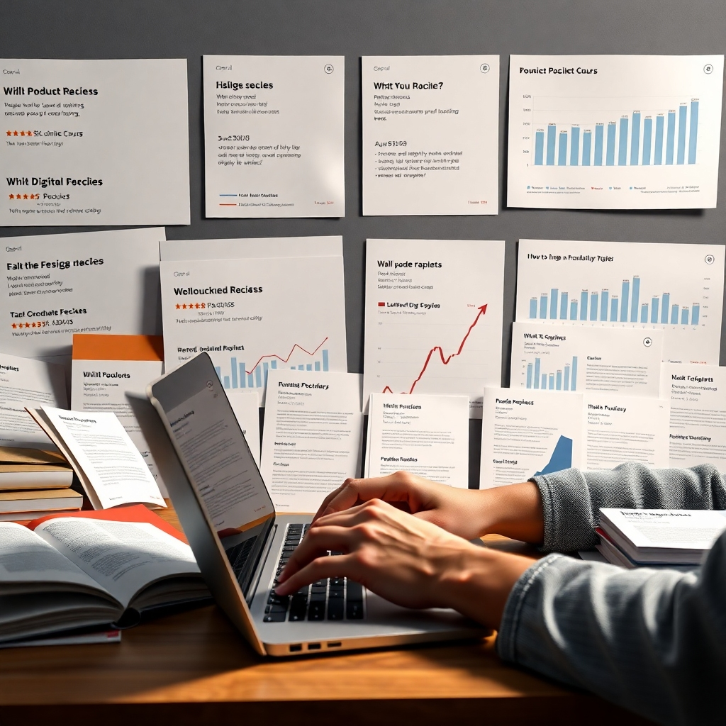 A photorealistic image depicting a person working on a laptop, surrounded by neatly organized digital product mockups (eBooks, online course materials). The background should display positive reviews and sales charts, illustrating the success of their digital products.