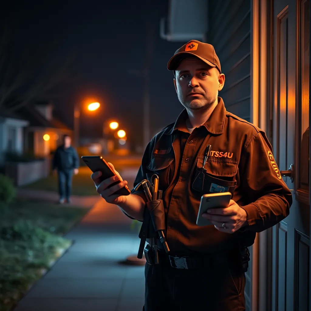 A photorealistic image depicting a locksmith in a SAITS4U uniform, standing outside a house at night, holding a set of tools and a smartphone, with a worried-looking person looking on. The background should be a dark, quiet residential street with streetlights casting an orange glow. The scene should convey a sense of urgency and reassurance, emphasizing the 24/7 availability of the locksmith.