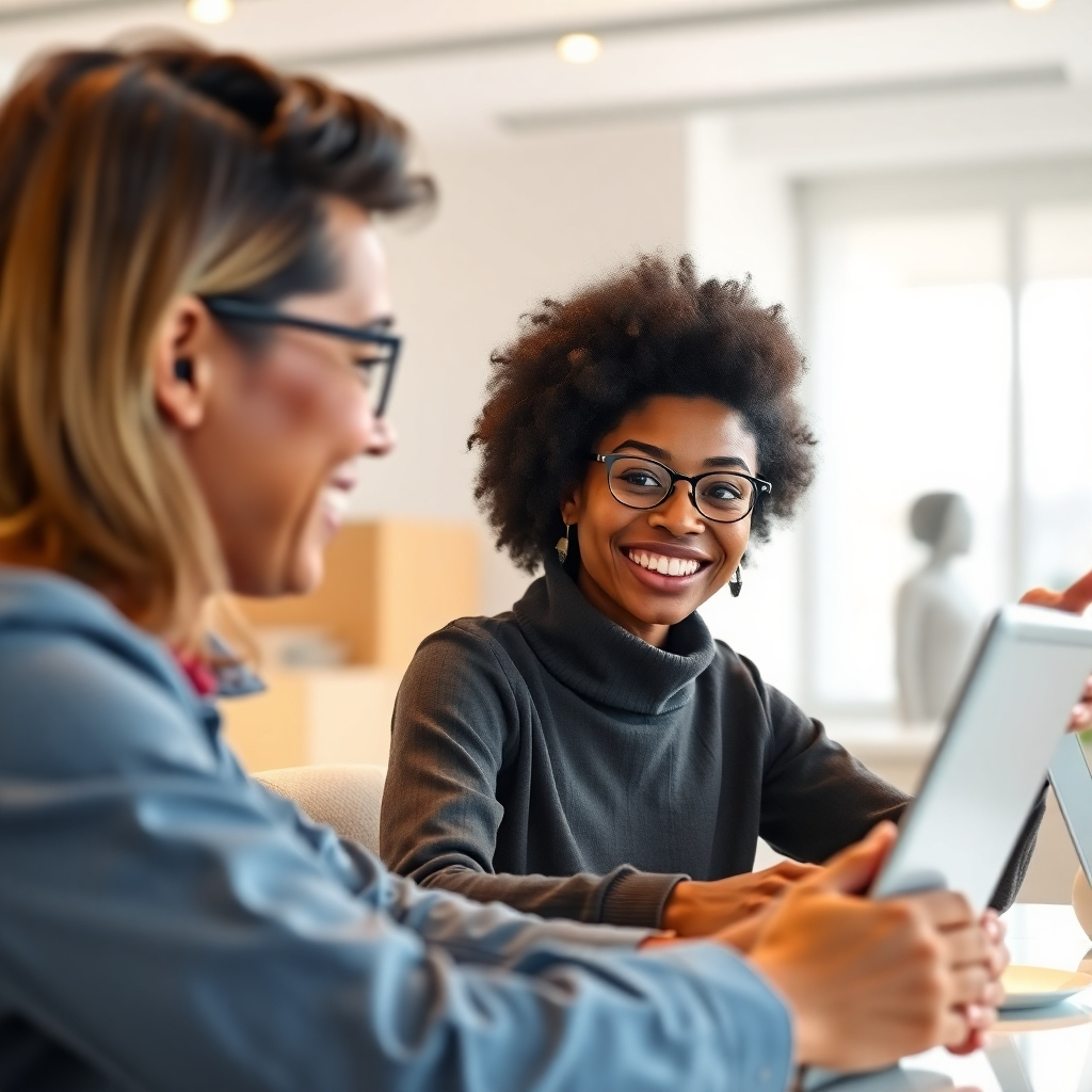 A photorealistic image depicting a friendly, diverse digital human engaging in a live chat with a customer on a bright, modern website. The background should be a sleek, minimalist design, showcasing the digital human's lifelike features and expressions. The overall tone should be positive and welcoming, highlighting the seamless interaction between the human and the digital avatar.