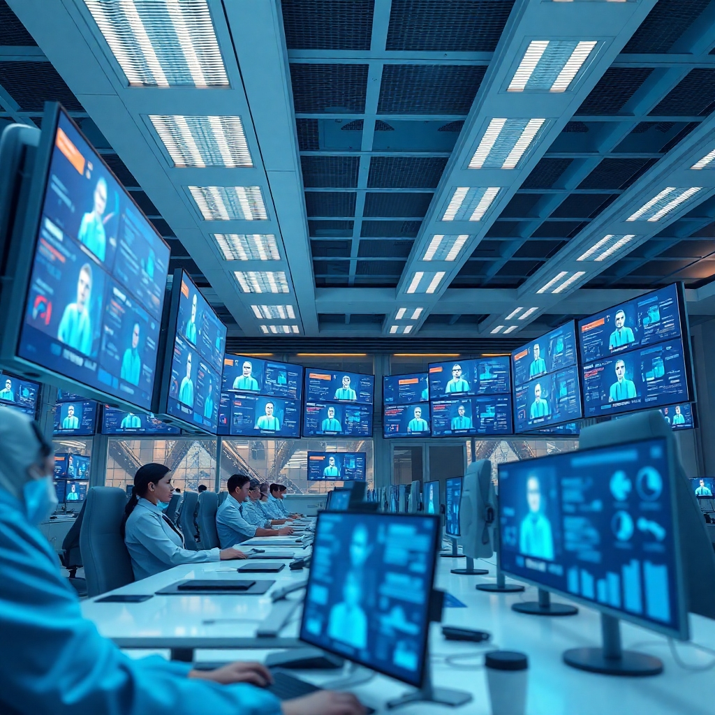 A photorealistic image depicting a futuristic customer service center with numerous screens displaying digital humans interacting with customers in various time zones. The setting is clean and modern, highlighting the efficiency of 24/7 support. The overall color scheme emphasizes efficiency and technology.