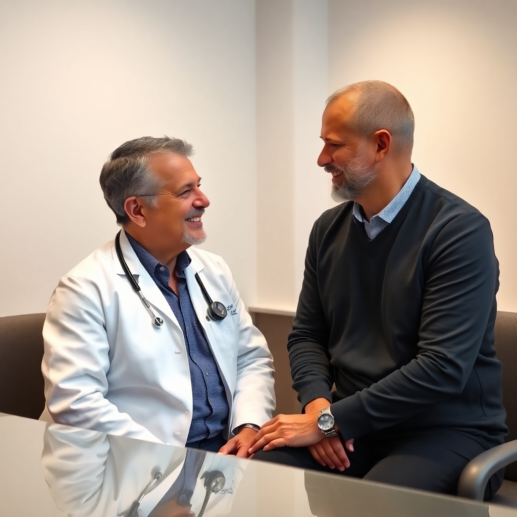 A photorealistic image depicting a consultation between a professional hair restoration specialist and a patient. The setting should be clean, professional, yet warm and inviting. The image should project a sense of calm, trust, and partnership between the specialist and the patient. The lighting should emphasize a friendly and approachable atmosphere.