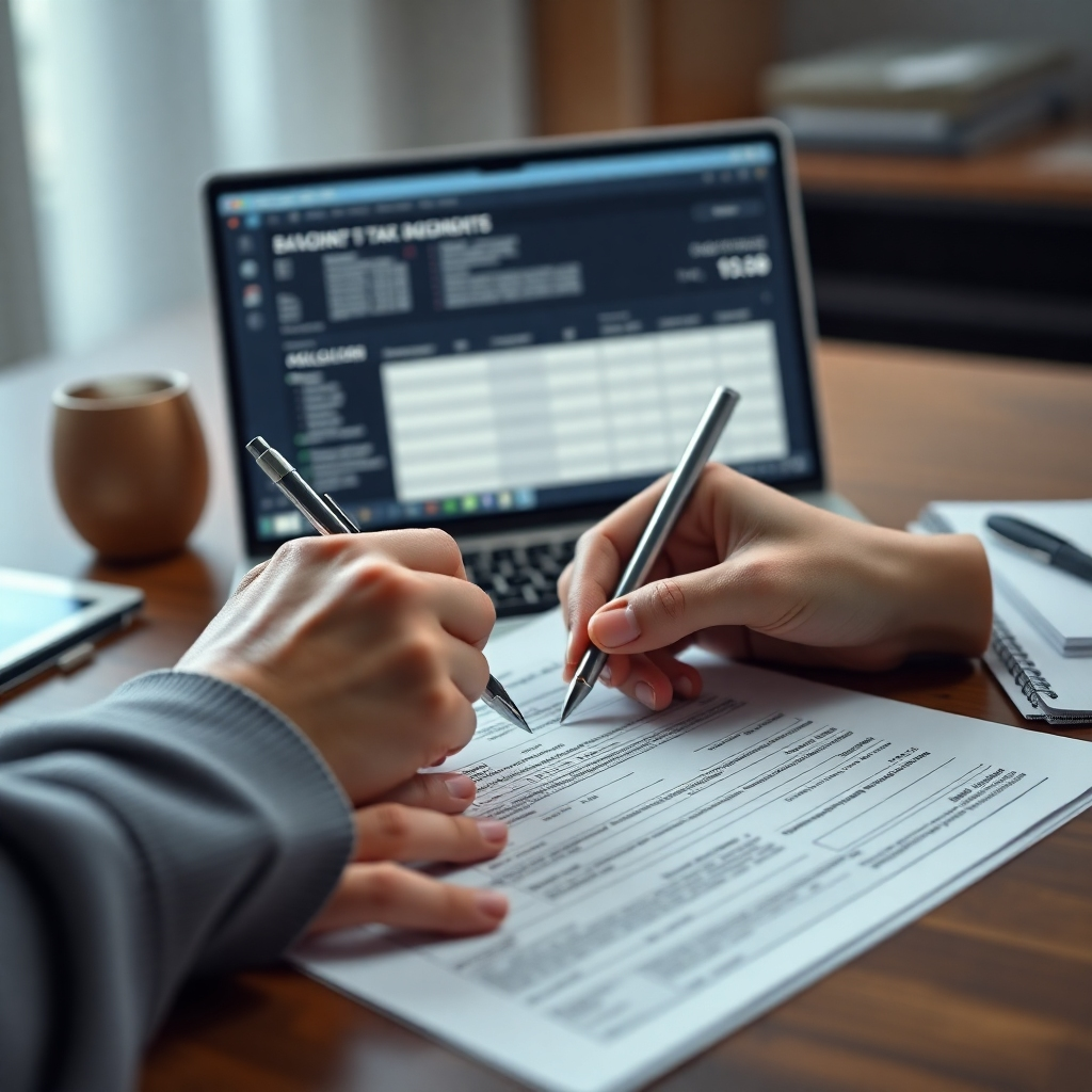 A photorealistic image depicting a close-up shot of hands meticulously filling out tax forms, with a laptop displaying relevant tax software in the background. The image should emphasize precision and detail, showcasing a clean and organized workspace.  The overall mood should be one of careful attention to detail.