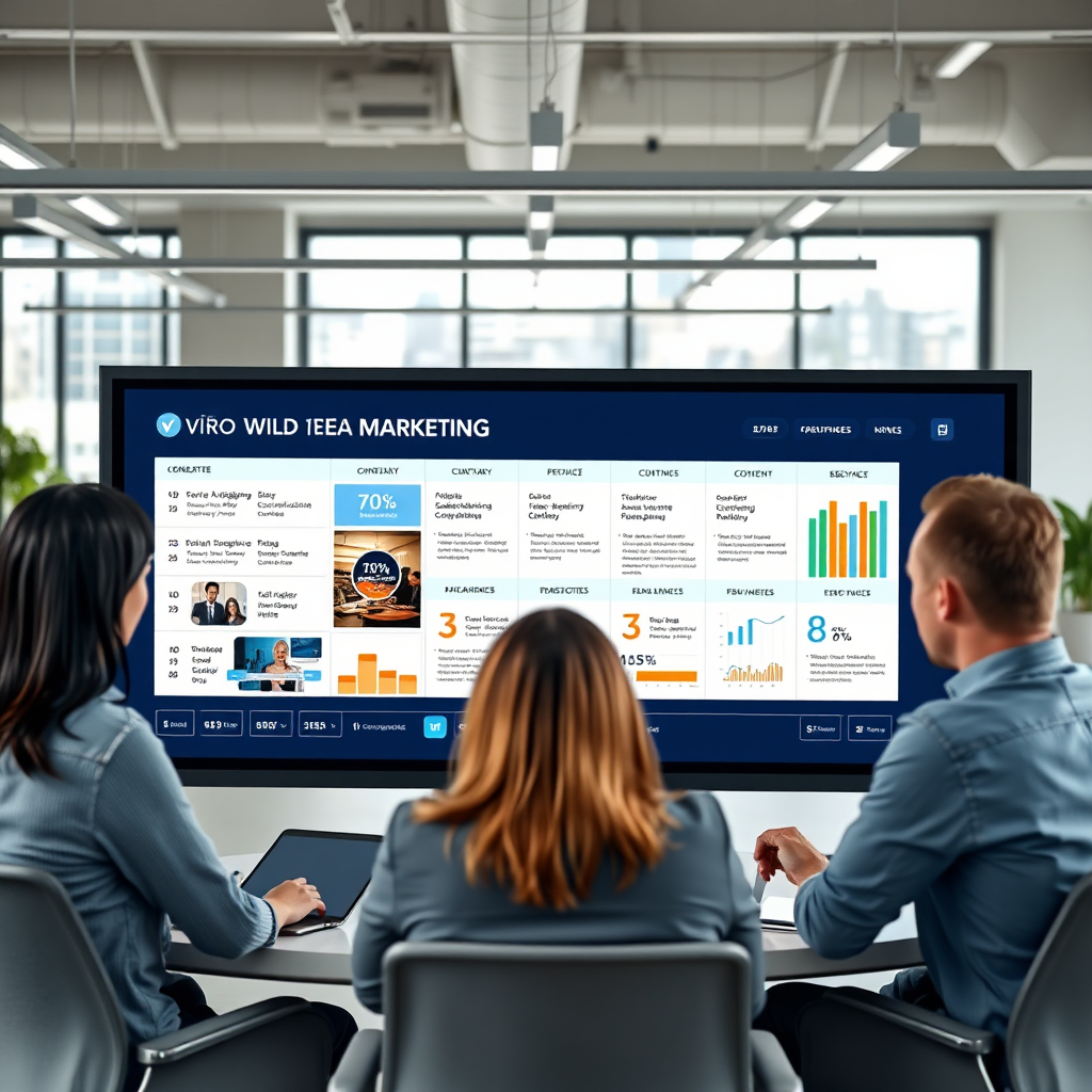 A photorealistic image depicting a team of marketing professionals collaborating around a large touchscreen display. The display shows a strategic video marketing plan, complete with content calendars, target audience demographics, and performance metrics. The environment should be a modern office space with natural lighting and collaborative workspaces. Color palette: professional and trustworthy, using shades of blue, gray, and white. Camera angle: slightly angled to capture the entire team and display. The image should convey a sense of collaboration, strategy, and data-driven decision-making.