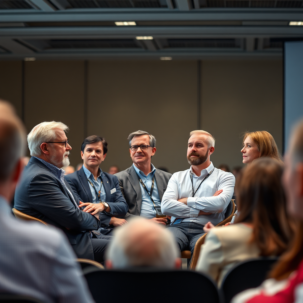 A photorealistic image depicting a panel discussion with leading AI experts. The scene should be set in a modern conference hall with bright lighting. The experts should be diverse and engaging, sharing their insights with an attentive audience. The background should be slightly blurred, maintaining focus on the speakers. Style: Professional and informative. Technical specs: High resolution, natural lighting.