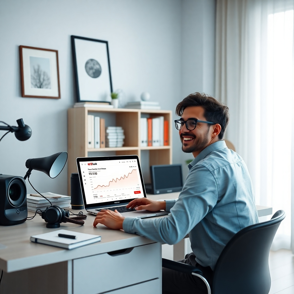 A photorealistic image depicting a modern, minimalist home office with a person happily interacting with a laptop displaying YouTube analytics with positive growth indicators, surrounded by neatly organized books and equipment related to content creation. The image should project feelings of peace, success, and order.