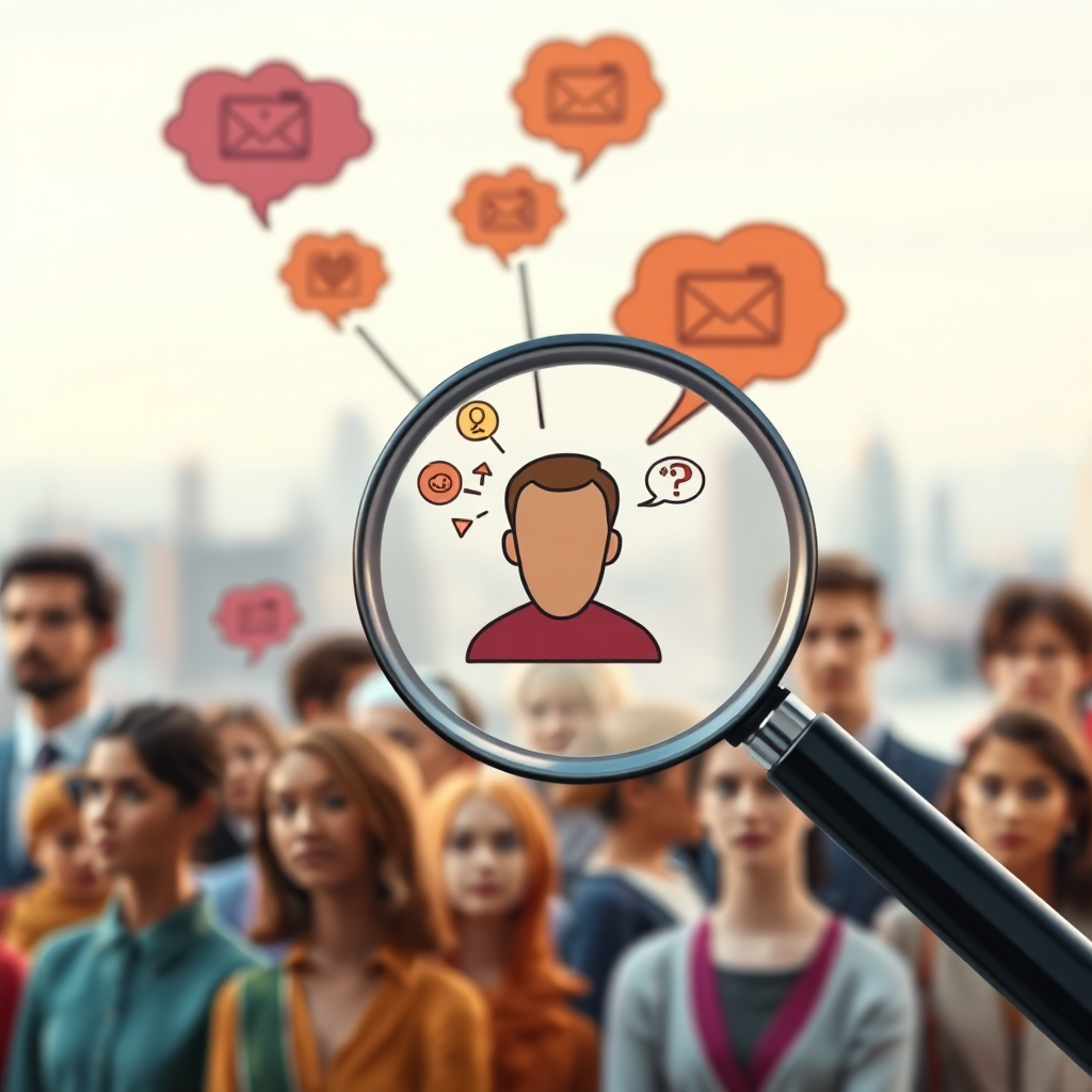 A photorealistic image depicting a diverse group of people, each with a thought bubble above their heads containing symbols representing their needs and aspirations. A magnifying glass hovers over the group, focusing on one individual whose thought bubble is becoming clearer and more defined. The background is a softly blurred cityscape, and the lighting is warm and inviting. Camera angle is a medium shot, focusing on the magnifying glass and the individual being highlighted. Style: Clean, modern, and slightly stylized to emphasize the concept of audience definition. Technical Specs: 8K resolution, photorealistic rendering.