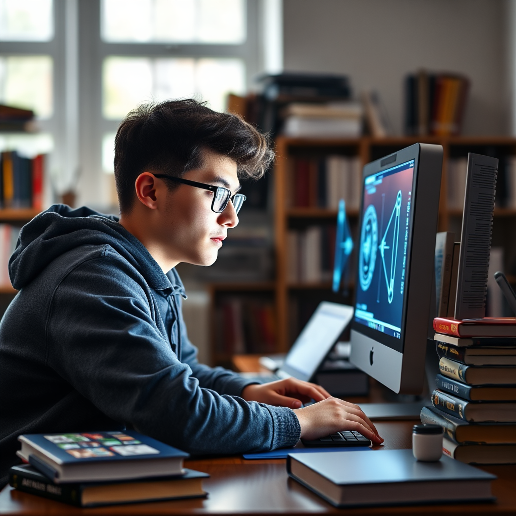 A photorealistic image depicting a student engrossed in learning AI fundamentals on a computer screen. The scene should be set in a well-lit study room with books and AI textbooks surrounding them. Focus on the light from the screen illuminating the student's face, reflecting the excitement of discovery. The background should be slightly blurred, maintaining focus on the student. The image should convey a sense of individual learning and dedication. Style reference: Academic and focused. Technical specs: High resolution, natural lighting.