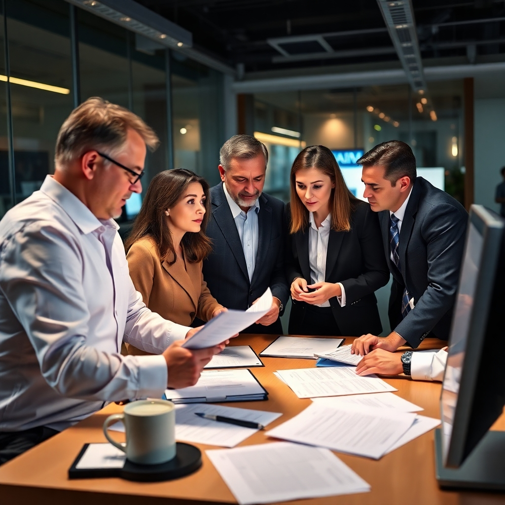 A photorealistic image depicting a team of professional tax consultants collaborating around a table, reviewing documents and engaging in a serious yet productive discussion. The setting should be a modern and professional office environment, conveying an atmosphere of collaboration and expertise.  The image should prominently feature various tax documents and computer screens.