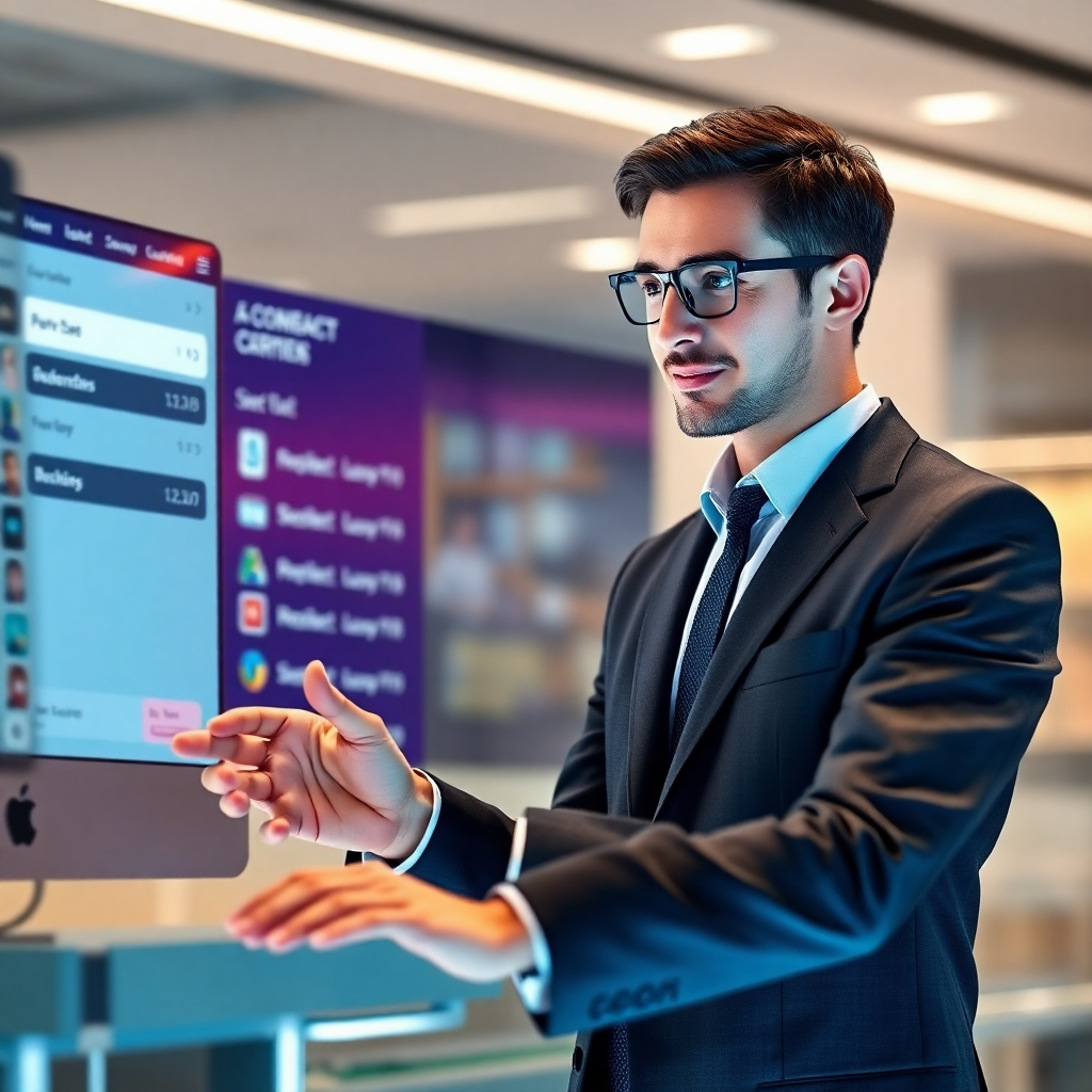 A photorealistic image depicting a professional-looking digital human guiding a user through an e-commerce website's checkout process.  The background should feature the website interface, highlighting the smooth and intuitive user experience. The digital human should have a helpful and reassuring demeanor, demonstrating its ability to assist users with various steps involved in making a purchase. The overall tone should be efficient and reassuring, showcasing the improvement in conversion rates through digital human assistance.