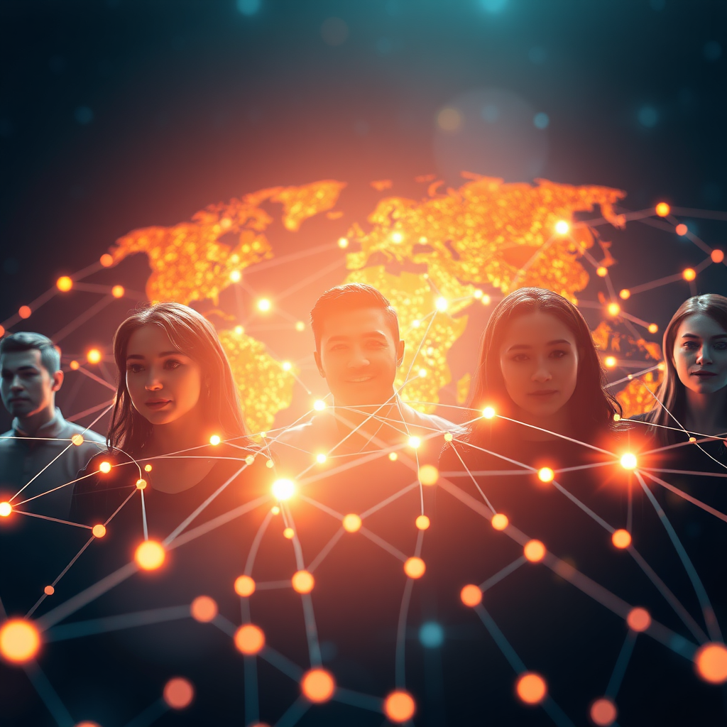 A photorealistic image depicting a network of interconnected influencers, each representing a different niche and audience. The influencers are connected by lines of light, illustrating the reach and influence of the network. In the background, subtle map elements highlight the global reach of the network. Lighting is dynamic and vibrant, representing the energy of the network. Color palette is diverse and interconnected, reflecting the diversity of the influencers and their audiences. Camera angle is a wide shot, capturing the scale and complexity of the network. Texture details should be hyperrealistic, showcasing the details of the influencers and the network connections. Style reference: a blend of network visualization aesthetics and modern marketing. 8K resolution.