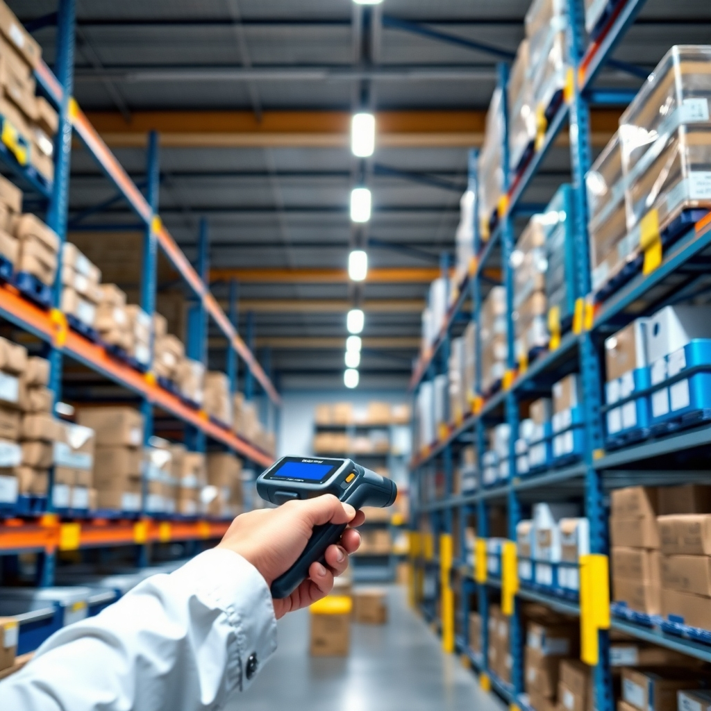 A photorealistic image depicting a well-organized warehouse with products neatly arranged on shelves. A person is using a handheld scanner to track inventory. The lighting is bright and uniform, highlighting the order and efficiency of the warehouse. The color scheme is predominantly gray and blue, with accents of yellow for safety. The style is clean and professional, emphasizing the importance of organization. Technical specs: 8K resolution, hyperrealistic rendering.