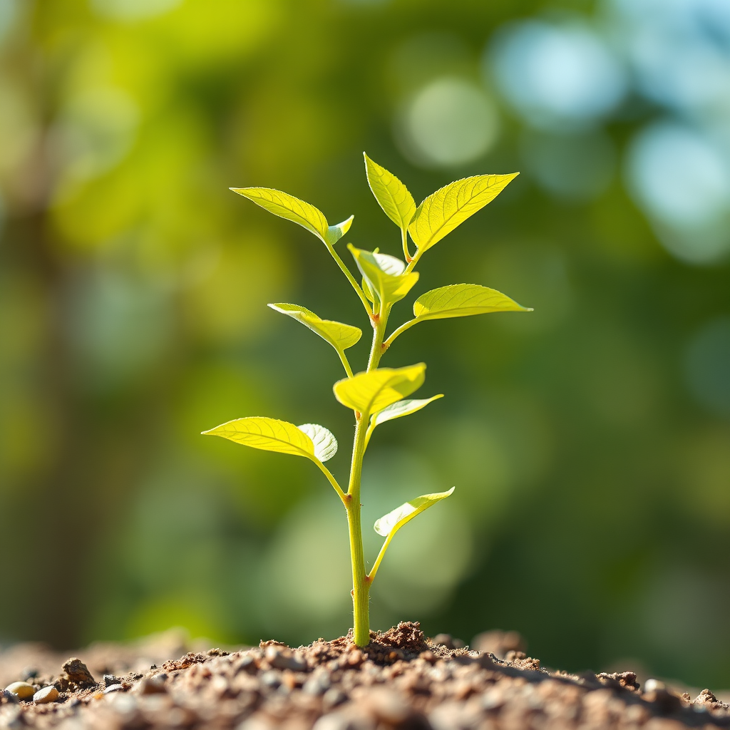 A photorealistic image depicting a growing plant symbolizing the scaling of a side hustle. The plant should be thriving and well-nourished, representing the success and potential of the business. The lighting should be bright and natural, emphasizing the growth and vitality of the plant. Use a color palette of greens and yellows to convey prosperity and abundance. The camera angle should be a low-angle shot, emphasizing the height and strength of the plant. The background should be blurred to draw attention to the main subject. The style should be organic and aspirational, reflecting the potential for growth and success. Technical specs: 8K resolution, hyperrealistic.