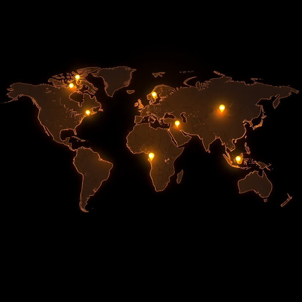 A photorealistic image depicting a world map with glowing points representing locations where HumanBot is providing customer support.  Use a dark background to highlight the glowing points and add a futuristic effect to emphasize the global reach and 24/7 availability.