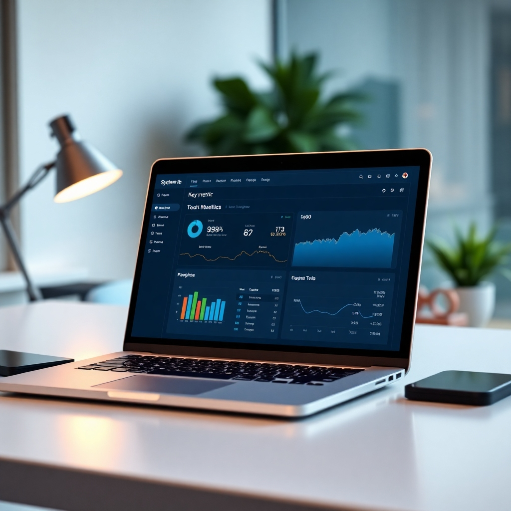 A photorealistic image depicting a clean, modern workspace with a laptop displaying the Systeme.io dashboard.  The dashboard should show key metrics and various tools integrated neatly.  The background should be subtly blurred, focusing on the laptop screen. The overall mood should be one of calm productivity and efficiency.