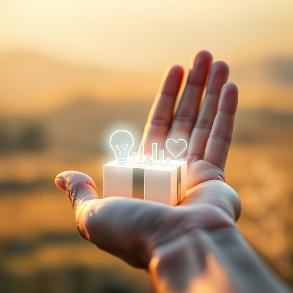 A photorealistic image depicting a hand reaching out to offer a glowing digital gift box. The gift box is filled with symbols representing value: a lightbulb (ideas), a graph (insights), and a heart (care). The background is a softly blurred landscape. Lighting is warm and inviting, highlighting the gift box. Camera angle is a close-up shot, emphasizing the hand and the gift. Style: Generous, supportive, and trustworthy. Technical Specs: 8K resolution, photorealistic rendering.