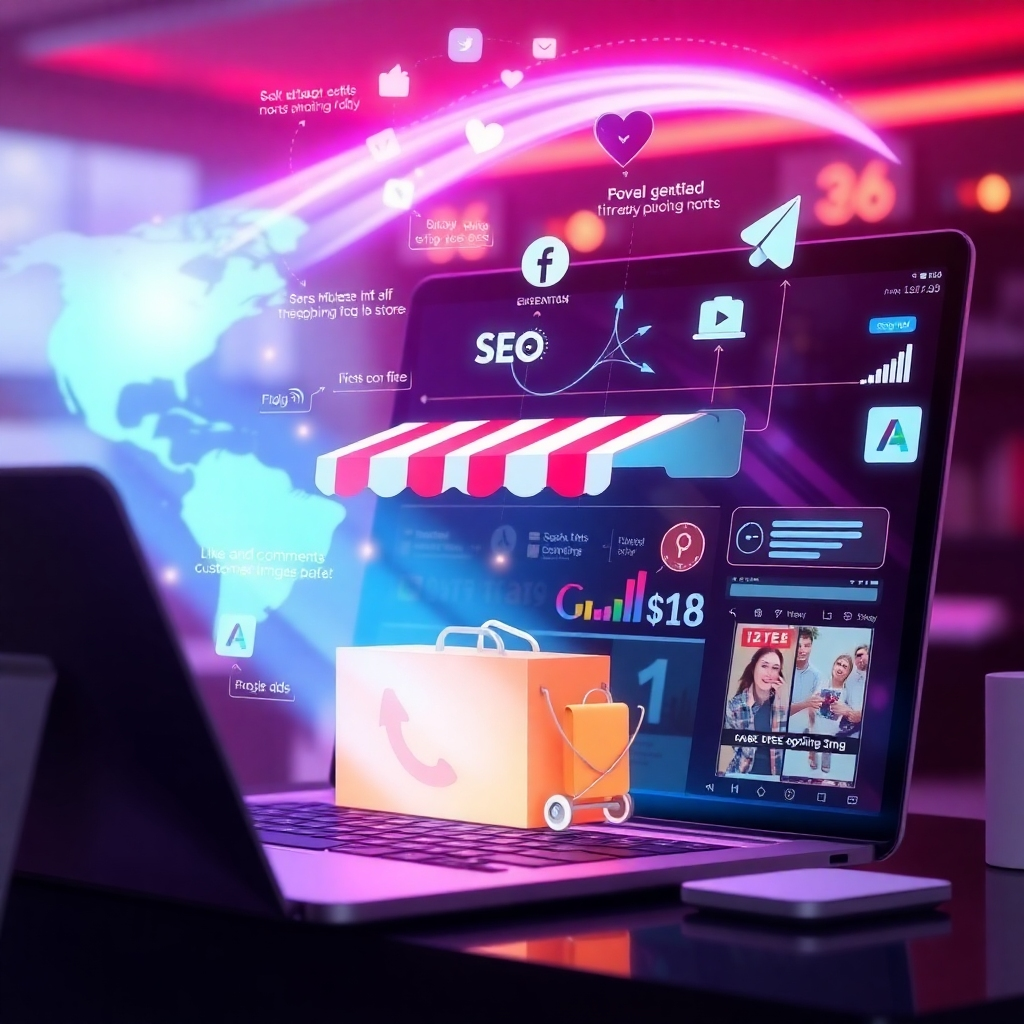A photorealistic image depicting various marketing channels converging on a thriving online dropshipping store. This could include visualizations of SEO optimization, social media engagement (likes, shares, comments), and paid ad campaigns (Google Ads, social media ads).  The overall mood should represent successful growth and customer engagement. The online store visuals should be sleek and modern.