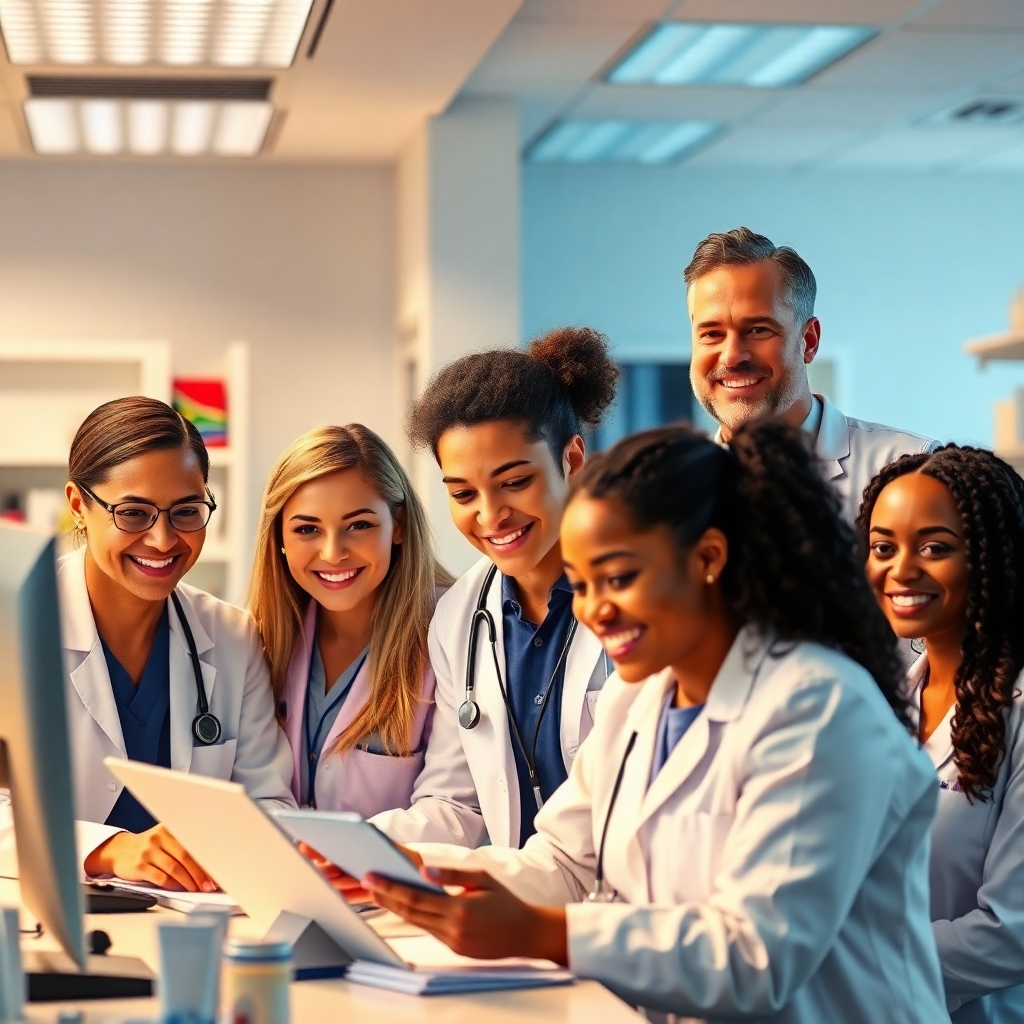 A photorealistic image depicting a diverse team of pharmacists and technicians working collaboratively in a positive and supportive environment. Warm lighting, showcasing a team-oriented atmosphere. Style: Showcase teamwork, professionalism, and positive energy.
