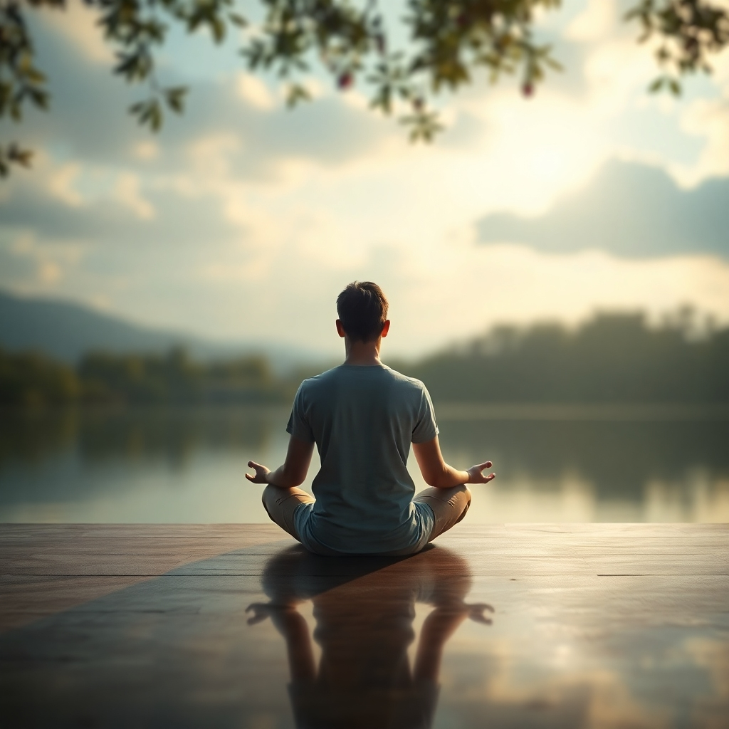 A photorealistic image depicting a person meditating in a peaceful setting, visualizing success and achieving goals. Use soft lighting and a calm color palette to portray tranquility. The image should be evocative and inspire a feeling of inner peace and focus.