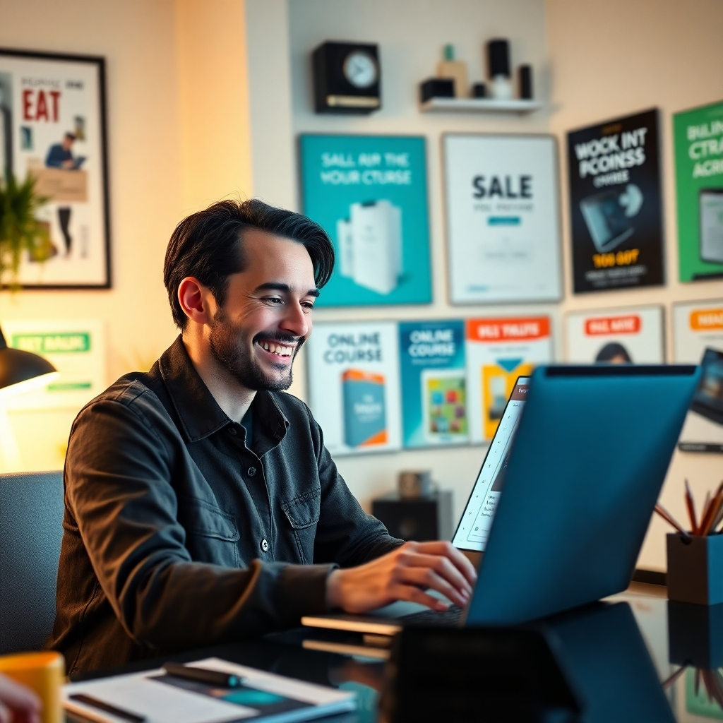 A photorealistic image depicting a person smiling and looking at a laptop displaying sales data of their digital product. In the background are various digital product mockups like ebooks and online course banners, and a stylish home office setting.