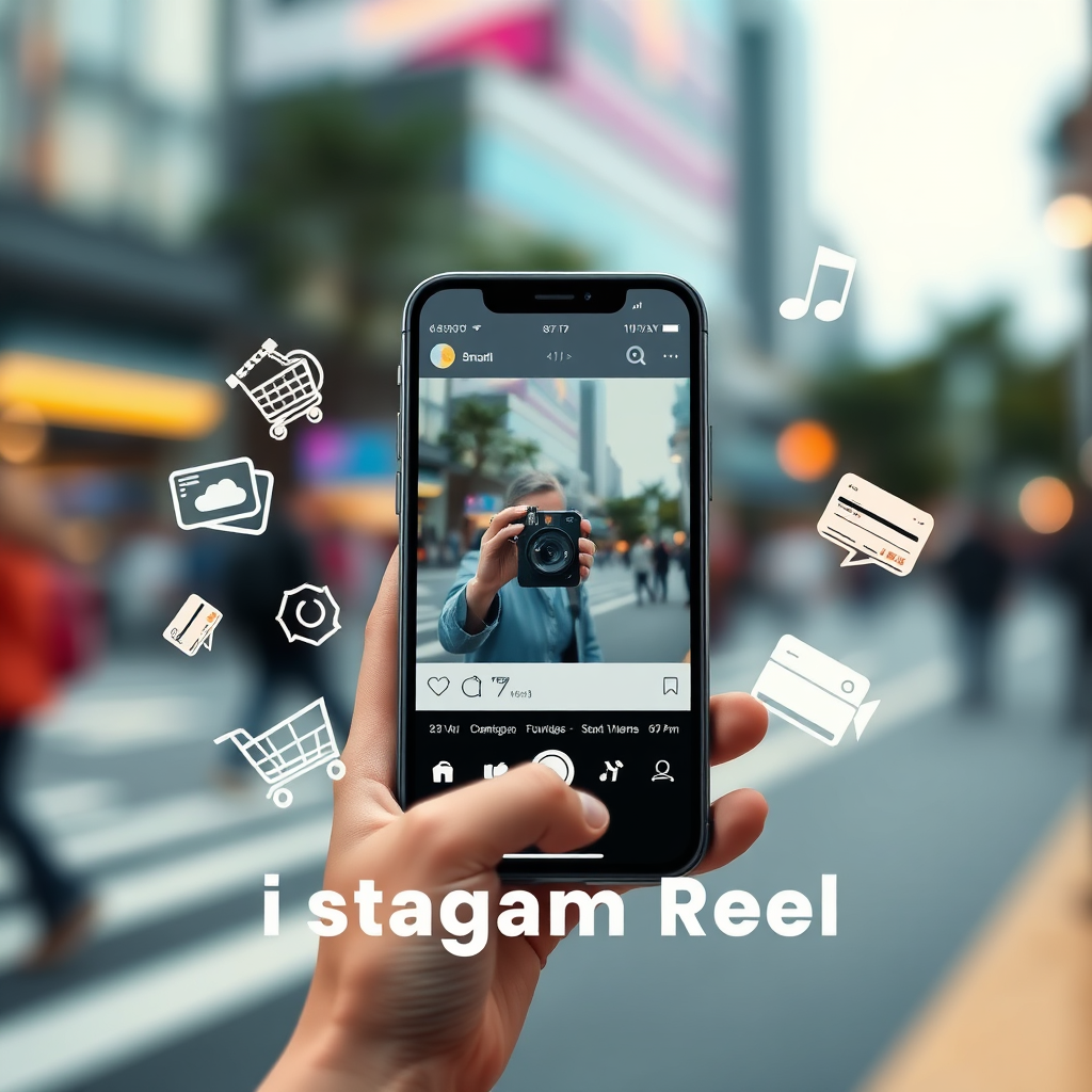 A photorealistic image depicting an Instagram Reel showcasing a product in action. The Reel is visually dynamic, with quick cuts, engaging music, and clear call-to-actions. Surrounding the phone are stylized icons representing purchases, such as shopping carts and credit cards. The background is a blurred and energetic urban environment, representing the fast-paced nature of Instagram. The color palette is bright and modern, with a focus on visual appeal and user engagement.