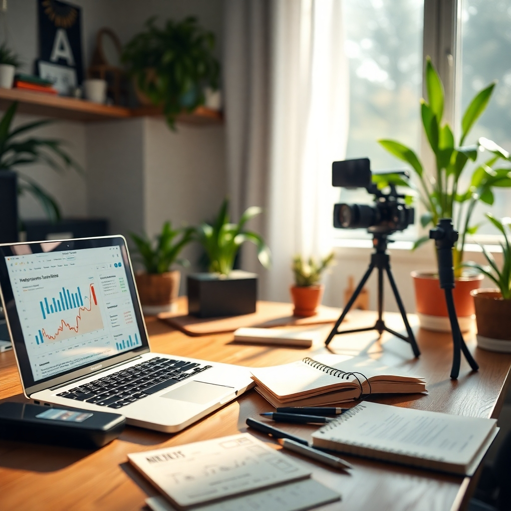 A photorealistic image depicting a content creator working from a home office, seamlessly integrating professional equipment and a cozy atmosphere. Show a laptop displaying social media analytics, a camera filming a product review, and scattered notebooks with creative ideas. The background should feature natural light and plants, with a visually appealing and organized workspace.