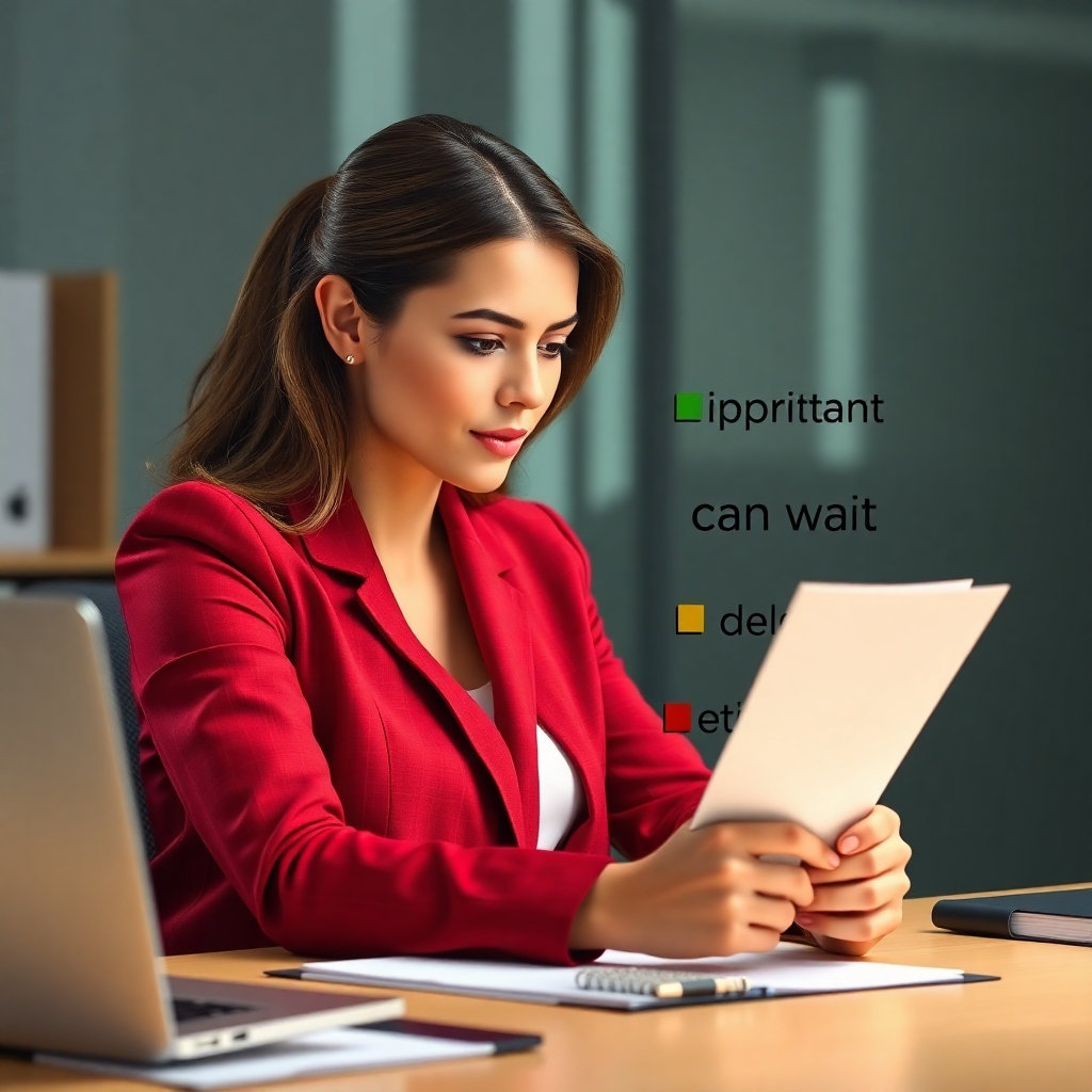 A photorealistic image depicting a businesswoman sitting at her desk reviewing a list of tasks. The tasks are prioritized into color-coded categories. Green for 'important,' yellow for 'can wait,' and red for 'delegate'. The image should be well-lit and focus on the list.
