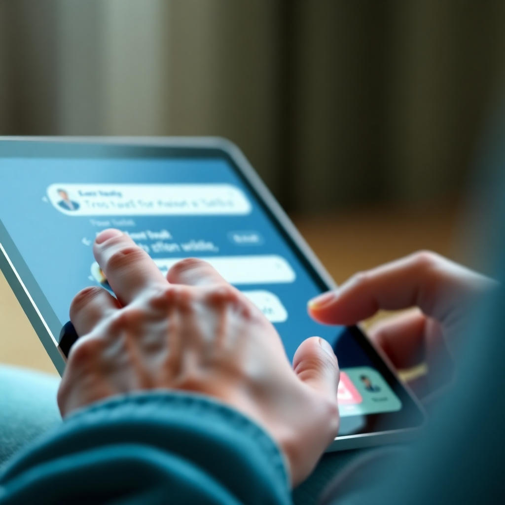 A photorealistic image displaying a hand interacting with a social media interface on a tablet. The interface displays a stream of comments and messages, with the hand typing a thoughtful and personalized response. Soft, warm lighting highlights the screen and the hand. A color palette of calming blues and greens represents trust and communication. The scene conveys building online relationships. Camera angle: close-up, focusing on the tablet and the hand. Technical specs: 8K resolution, hyperrealistic rendering.